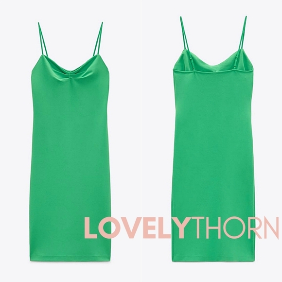 ZARA // green ruched adjustable straps midi slip dress - Picture 2 of 11